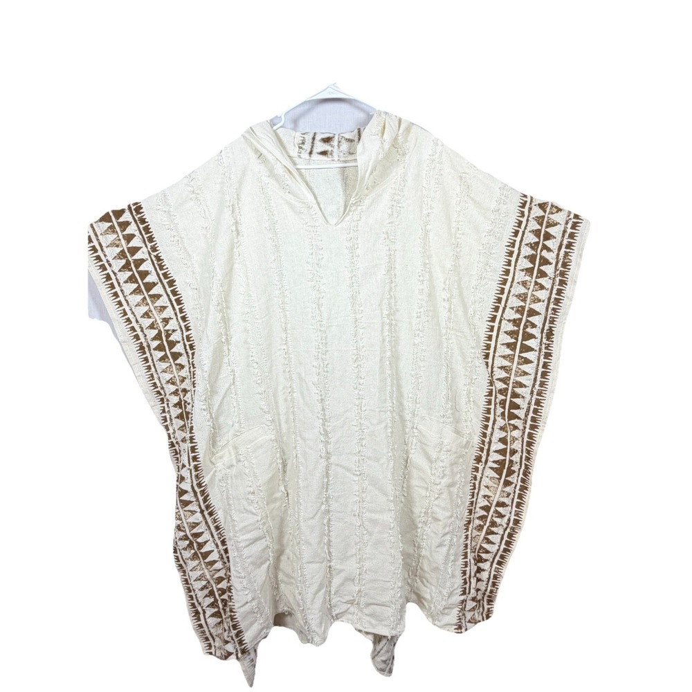 Poncho Beige Handmade Ceremonial Hooded Vegan Cotton Tribal Festival Viking